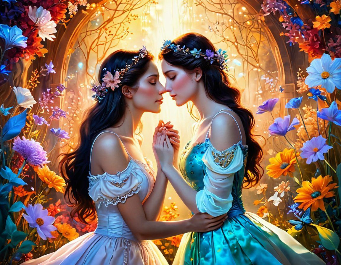 A visually captivating scene depicting two women sharing an intimate moment in a fantastical setting, surrounded by whimsical elements like glowing flowers and ethereal light. Their expressions convey connection and understanding, symbolizing both fantasy and reality. The background features a blend of dreamlike colors and soft textures, enhancing the warmth of the scene. Art style: super-realistic, vibrant colors, ethereal atmosphere.