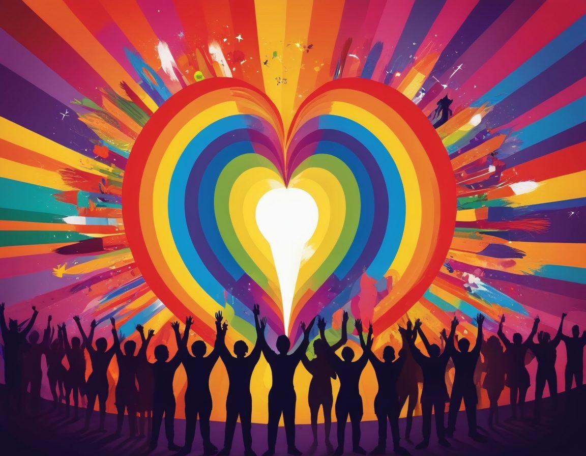 A colorful spectrum radiating from a central heart symbol, surrounded by diverse silhouettes of LGBTQ individuals in vibrant poses, each representing different sexual orientations and identities. The background features playful abstract shapes and patterns that evoke a sense of freedom and inclusivity. The scene should communicate a message of celebration and empowerment, capturing the essence of community and pride. digital art. vibrant colors. high contrast.