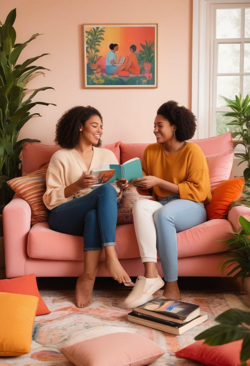 An empowering scene featuring queer women watching an LGBTQ video together in a cozy living room filled with plants and art. Their expressions show joy, connection, and empowerment as they discuss the content. Include a soft, warm color palette with subtle lighting to create an intimate atmosphere. Elements like books on sexual wellness and colorful cushions enhance the setting. vibrant colors. cozy ambiance. digital illustration.